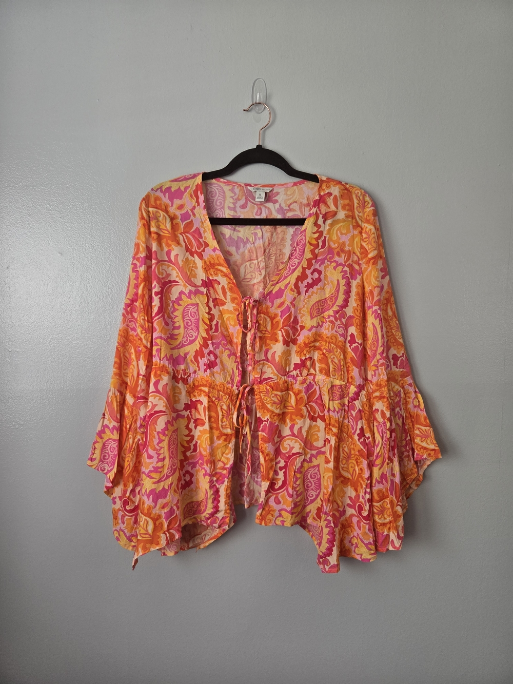 Cato Paisley Swim Cover Up Pink Orange Yellow Tie Front Bell Sleeve Chiffon XL